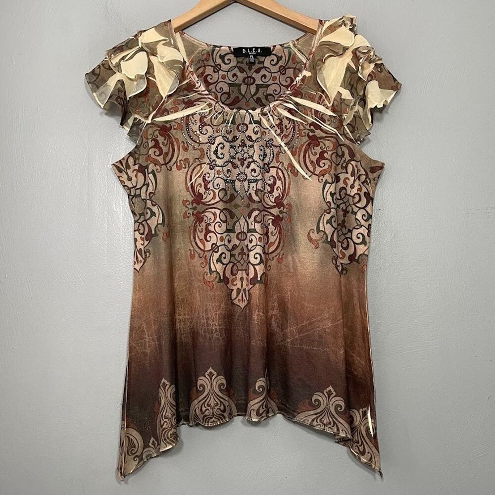Fairy Grunge Blouse Size Petite Large Brown Sublimation Artsy Boho Y2K Hippie